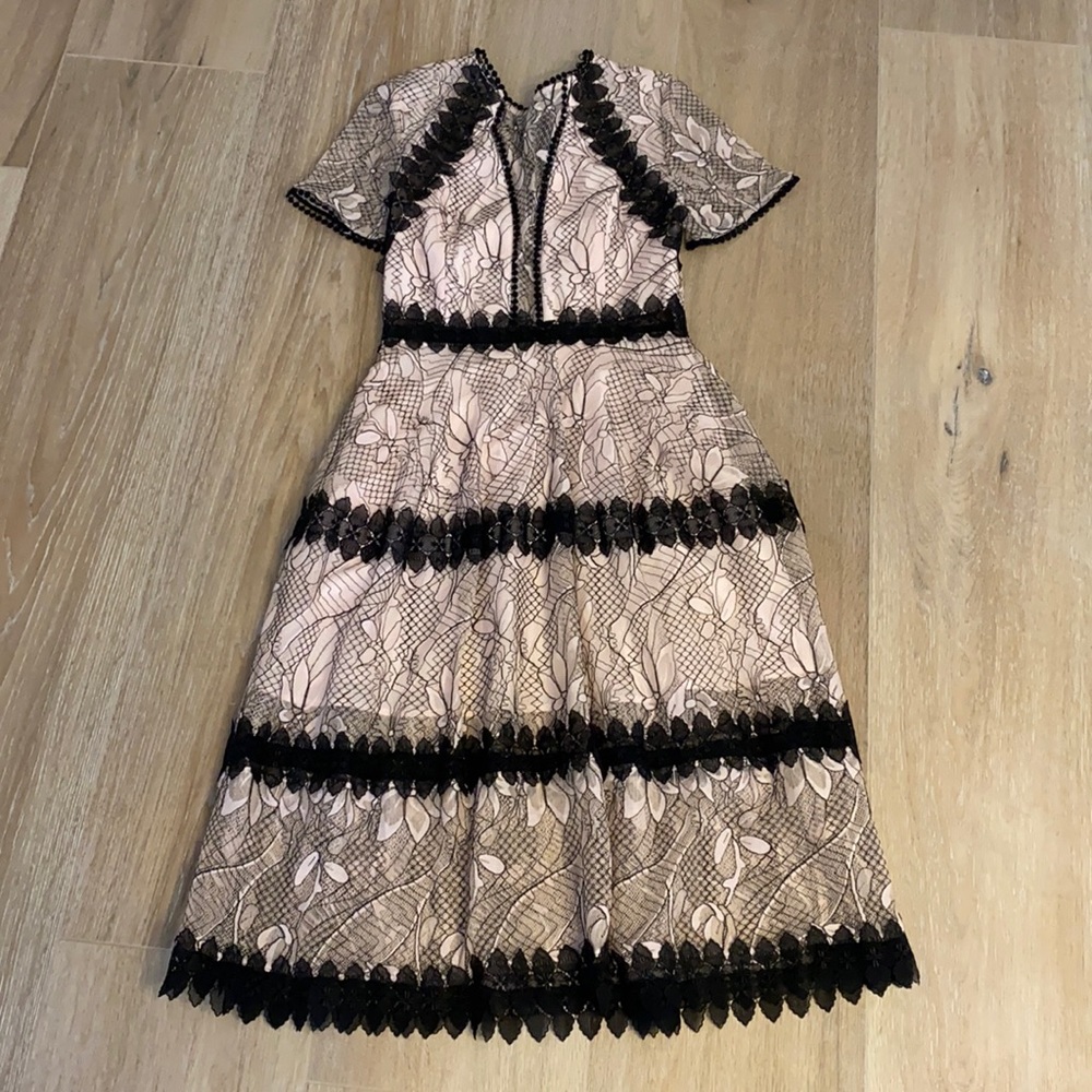 Nicolas blush pink and black lace midi dress